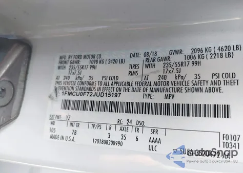 2018 Ford Escape S z USA, uszkodzony, nr VIN 1FMCU0F72JUD15197